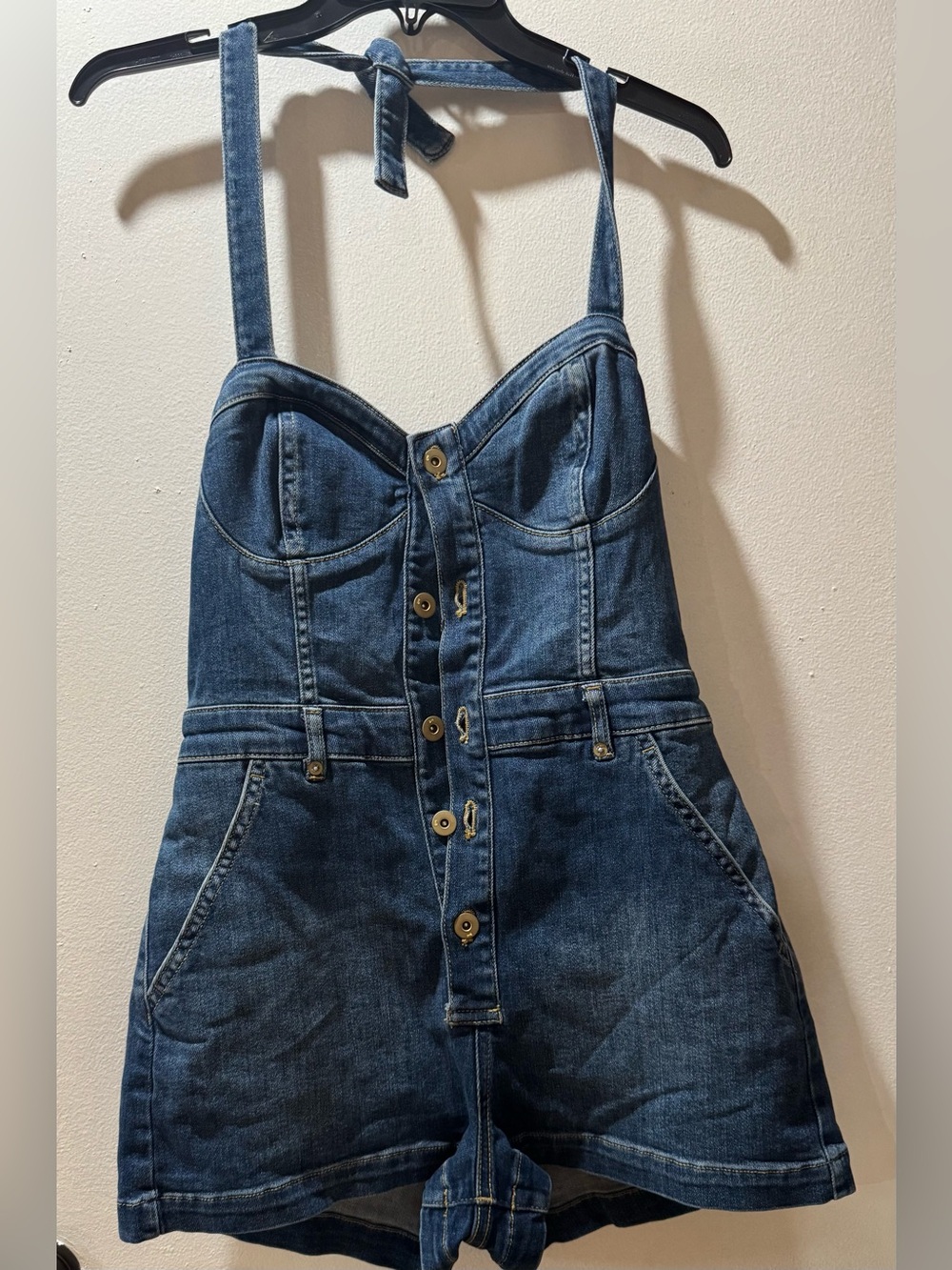 Pilcro Denim Halter Romper Shorts in Dark Blue